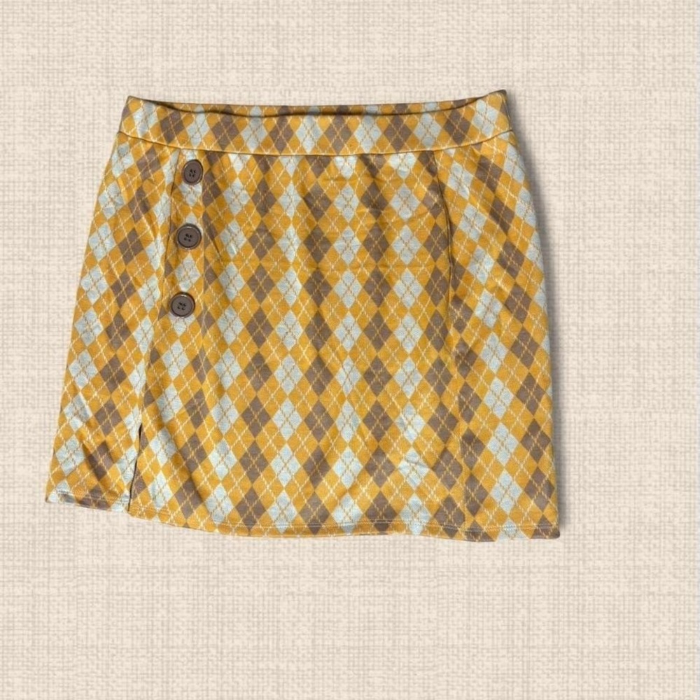 Freshman 1996 Mustard Yellow Argyle Mini Skirt Brown Button Detail XL Preppy
